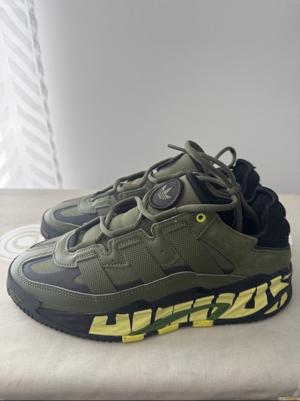 adidas Olive Green and Black Chunky Athletic Sneakers with Neon Accents